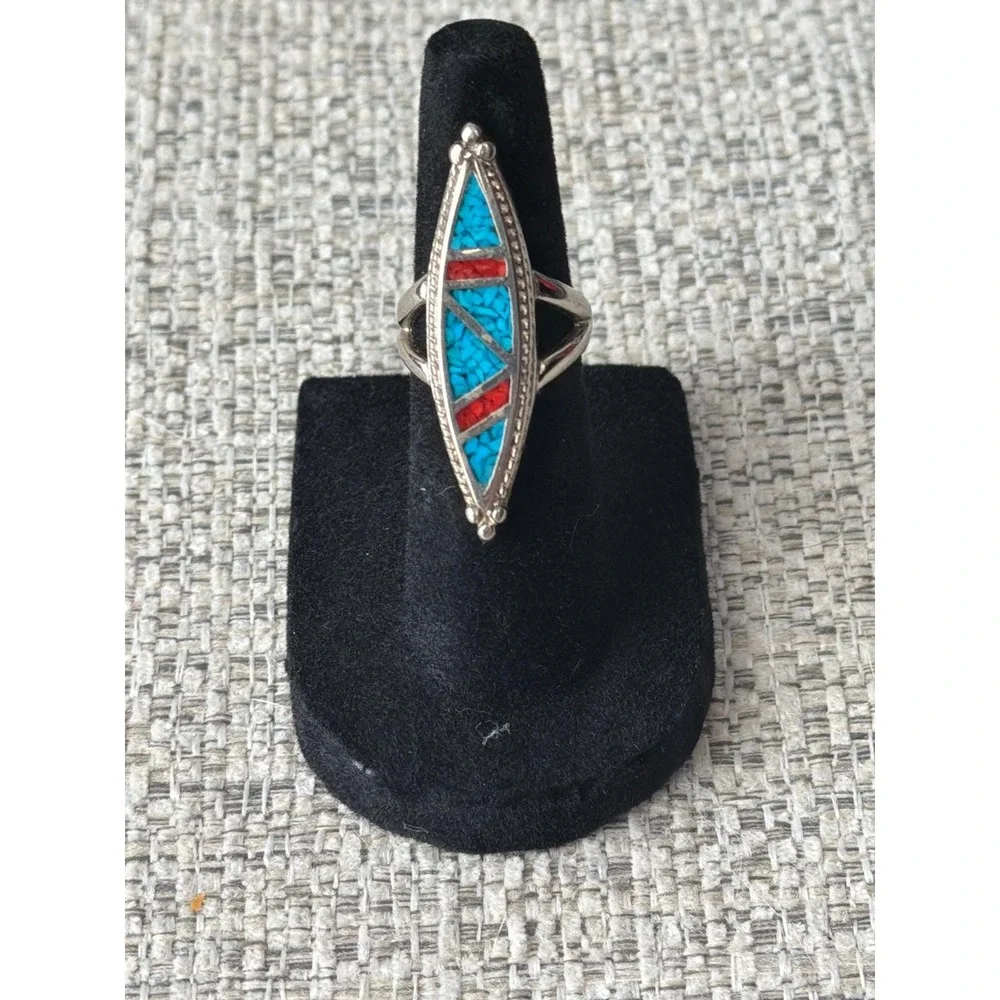 Vintage Southwestern Turquoise Red Coral Chip Inlay Marquise Ring Silver Tone